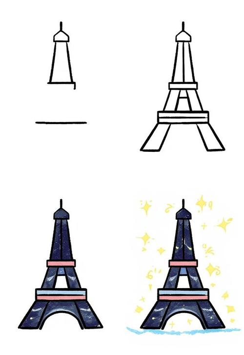 如何用简笔画出埃菲尔铁塔的塔身和细节?