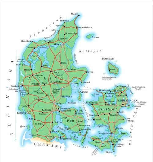 丹麦的地理轮廓和他在地图上的经纬度,带上比例的图