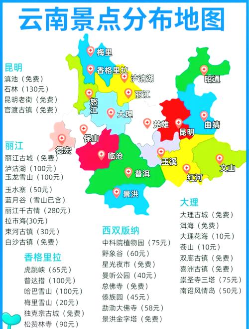云南旅游景点分布图!云南旅游景点门票介绍!