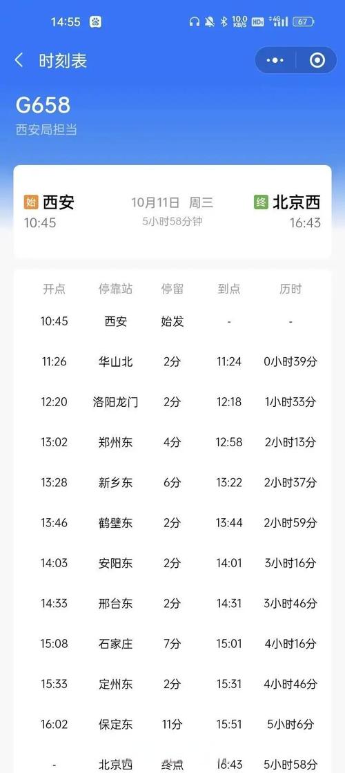 西安到北京动车列车时刻表